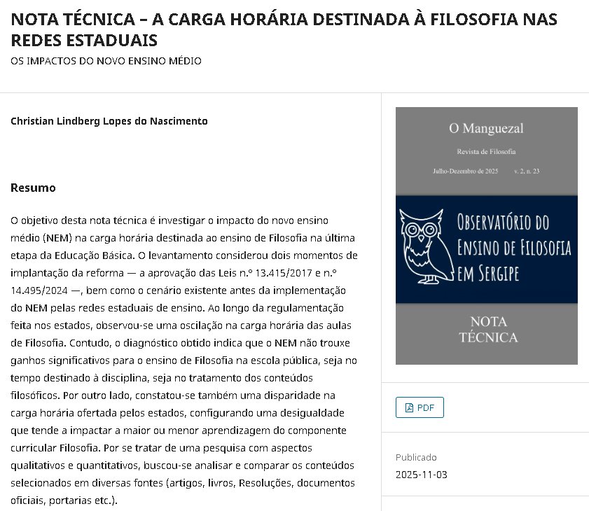 NOTA TÉCNICA – A CARGA HORÁRIA DESTINADA À FILOSOFIA